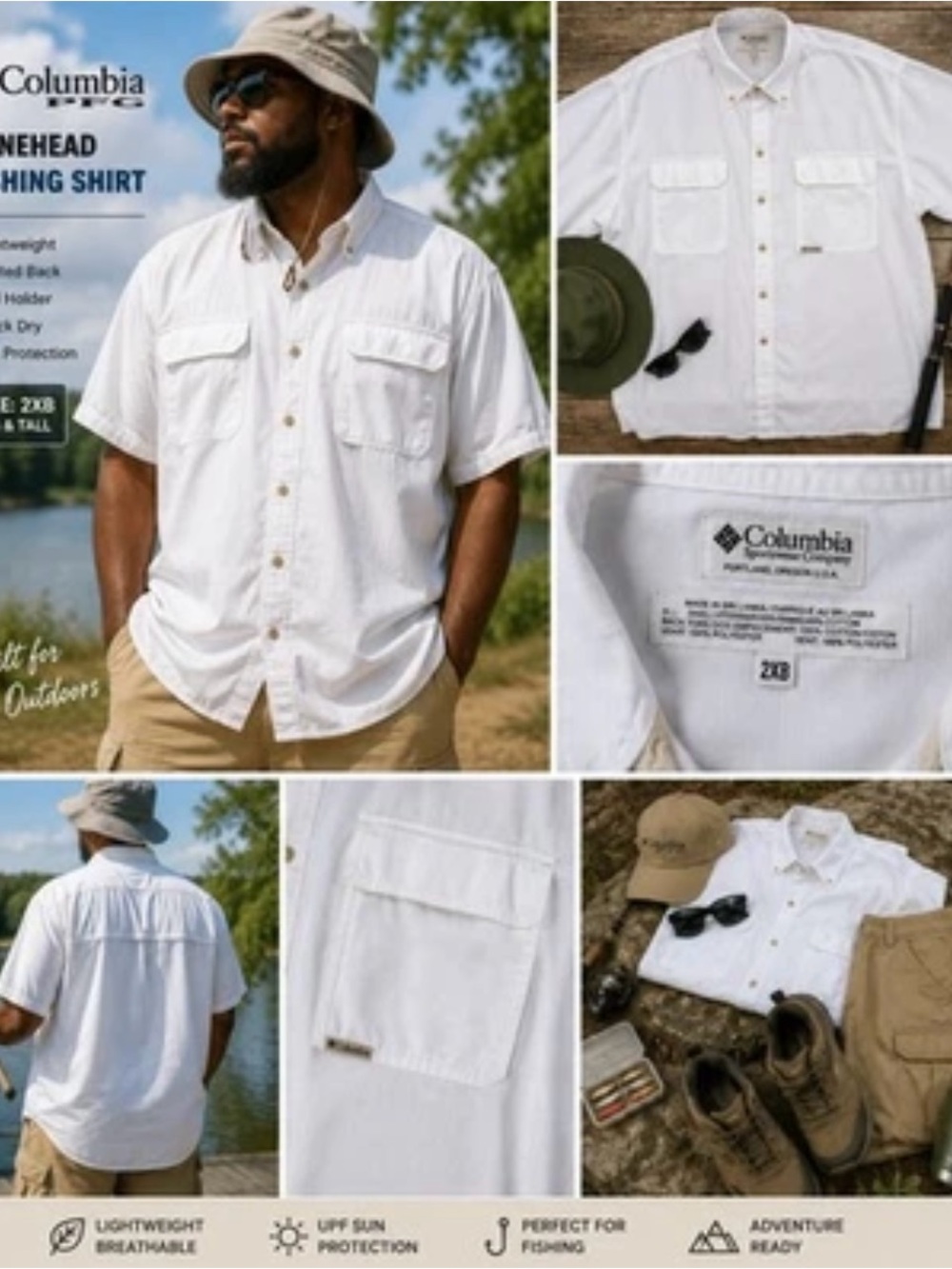 Columbia PFG Bonehead Fishing Shirt 2XB White Big Tall Outdoor Utility Cabincore